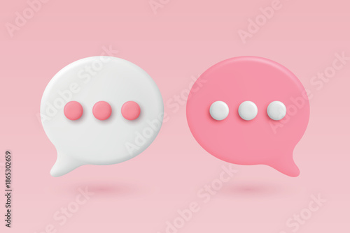 Vector 3d White and Pink Chat Bubbles. Speech Balloons with Dots. Modern Messenger Icon, Communication Symbol, Chat App UI Element, Social Media Message Design Template