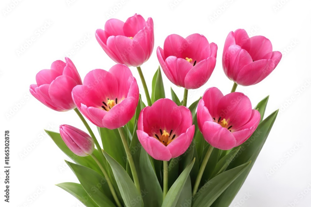 Fototapeta premium Bright pink tulip flowers in full bloom on a crisp white backdrop