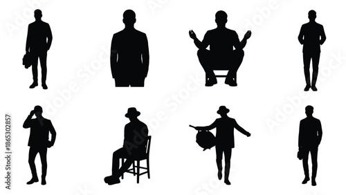 Silhouettes of people in various poses and outfits against a white background