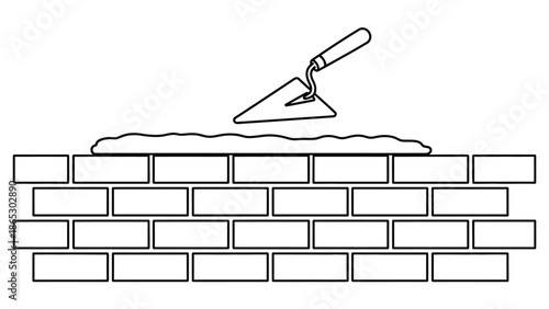 Black and white illustration depicting a trowel applying mortar to bricks