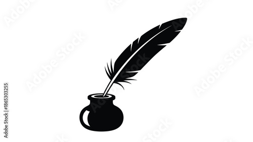 A classic black inkwell with a feather quill simple and elegant design