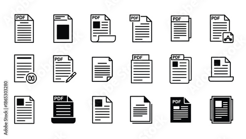 Collection of black and white pdf document icons on a white background
