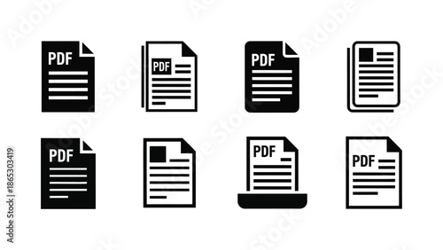 Collection of black and white document icons depicting various pdf and file types