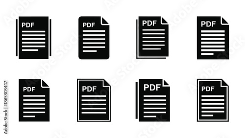 Collection of black pdf document icons displayed on a white background