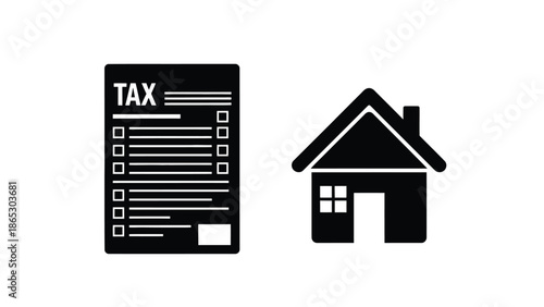 Property tax form and house icon representing real estate financial obligations