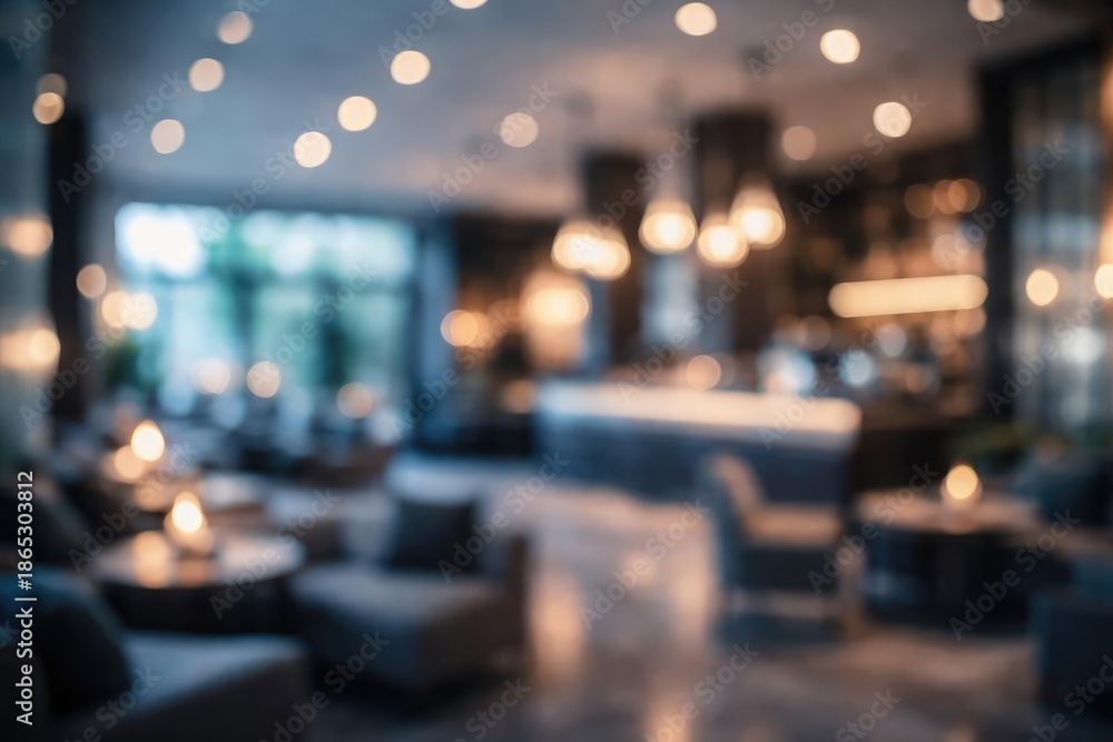 Fototapeta premium Cool toned bokeh blur in luxury coffee house lobby for design backdrop