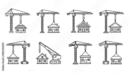 Line art illustration of construction cranes and houses in various stages