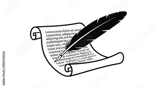 A classic quill pen resting on a rolled parchment scroll with text