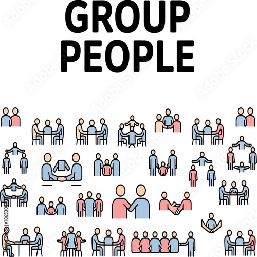 Group people icon set shows teams meetings collaboration hierarchy and social interaction concepts using simple pictogram figures