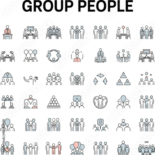 Group people icon set shows teams meetings collaboration hierarchy and social interaction concepts using simple pictogram figures