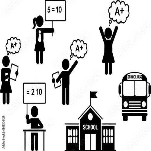 Education and school pictogram icons show students teachers exams grades discipline activities and academic life situations in simple symbols