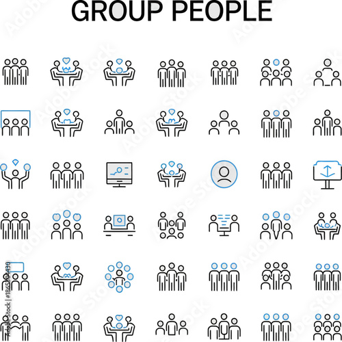 Group people icon set shows teams meetings collaboration hierarchy and social interaction concepts using simple pictogram figures