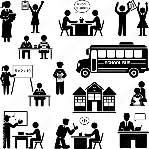 Education and school pictogram icons show students teachers exams grades discipline activities and academic life situations in simple symbols