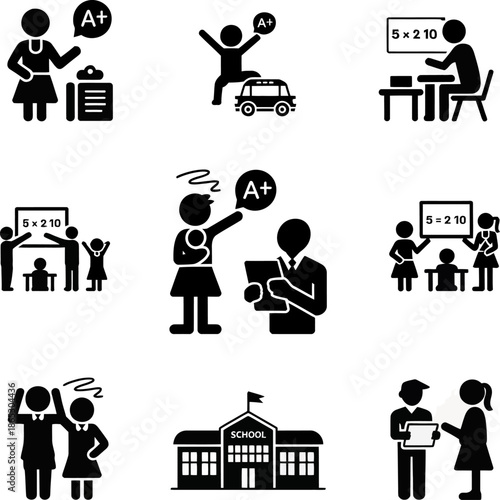 Education and school pictogram icons show students teachers exams grades discipline activities and academic life situations in simple symbols