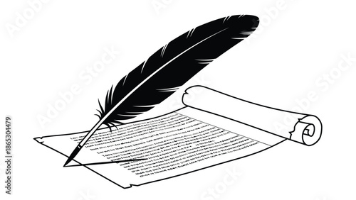 A classic illustration of a quill pen resting on a rolled parchment scroll