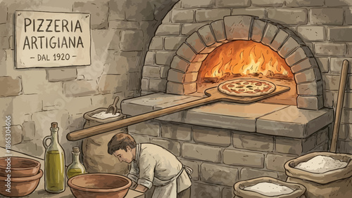 A vector illustration of a pizza chef preparing a meal in a traditional pizzeria with a brick oven.