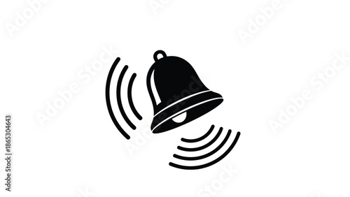 A simple black silhouette of a ringing bell with emanating sound waves
