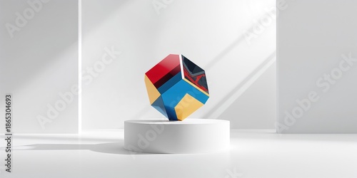 Product display arrangement featuring a pedestal cube in a studio environment for advertising visuals