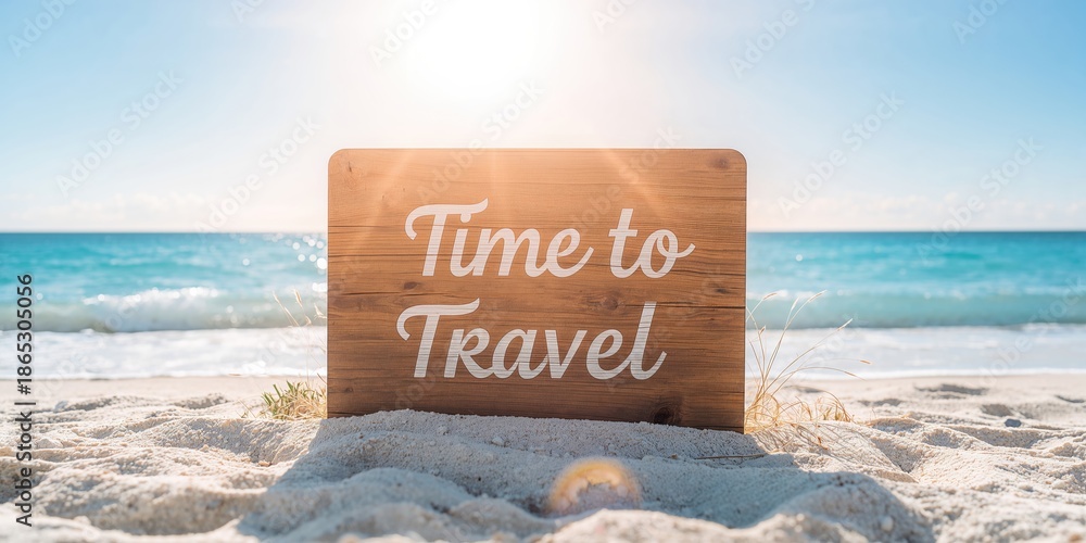 Fototapeta premium Time to Travel wooden sign with a beach on background, serving as a scenic travel route marker