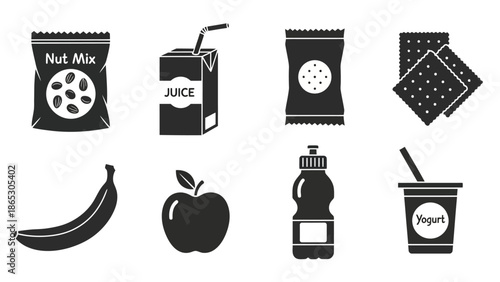 Variety of snack foods and fresh fruits in monochrome graphic style