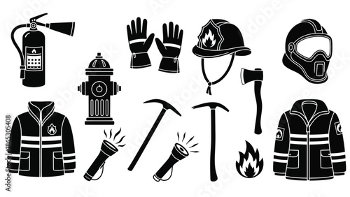 Firefighting equipment set including helmets axes and protective clothing in black silhouette