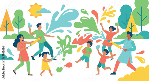 Happy diverse family playing Holi festival with water guns and balloons splashing colorful water in park during summer celebrating traditional Indian holiday with joy and excitement.