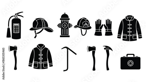 Firefighter equipment collection helmets coats axes and safety gear illustrations