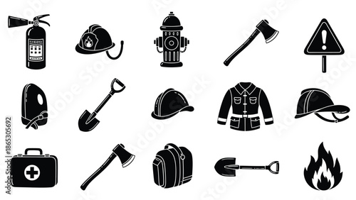 Firefighting equipment and safety symbols depicted in a black and white illustration