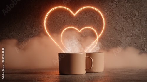 Warm beverages create glowing heart shapes with steam rising against a dark textured backdrop