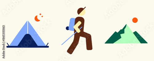 Flat Vector Icons of Hiking Adventure with Tent, Hiker, and Mountain for Outdoor Travel