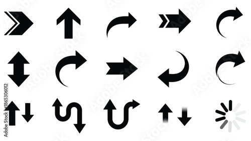 Collection of various black arrow icons illustrating different directions and movements