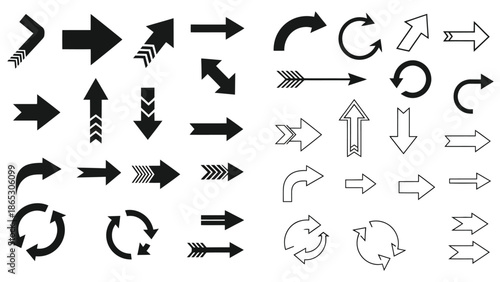 Collection of various black and white arrow symbols pointing in different directions