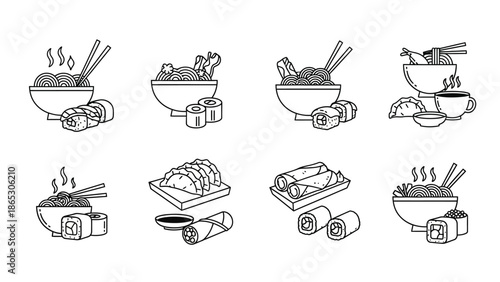 Line art illustration of various asian food dishes and components