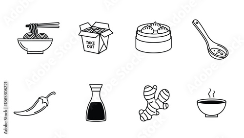 Asian cuisine icons noodles dim sum chopsticks and various ingredients