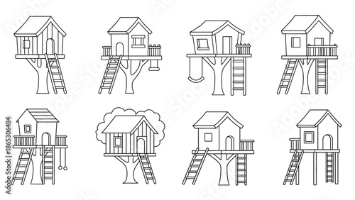 Collection of simple treehouse designs and outline illustrations for kids