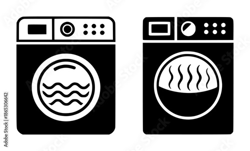 Black and white of washing machines with water waves and with steam laundry appliance