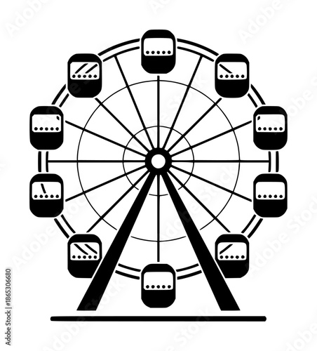 Black and white silhouette of a Ferris wheel with multiple gondolas against a white background amusement