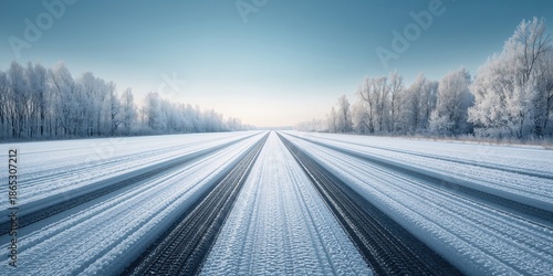 Tire tracks in melting snow on asphalt road surface, winter landscape, texture background for road safety analysis