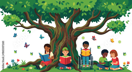 Diverse children reading books under big tree including boy in wheelchair enjoying literature learning outdoors for school education literacy friendship in summer nature park garden.