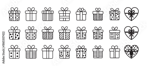 Gift Box Line Icons Set. Outline Present Icon, Minimal Gift and Present Vector, Black and White Gift Box, Simple Festive Gift Icon. vector illustration eps 10