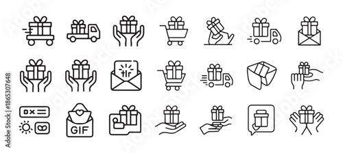 Gift and Celebration Line Icons Set, Present Boxes, Party and Holiday Outline Symbols. vector illustration eps 10