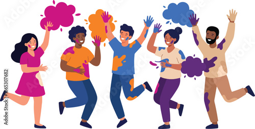 Happy diverse people jumping and celebrating Holi festival with colorful powder paint splashes representing joy unity and cultural holiday tradition for social event greeting card concept.