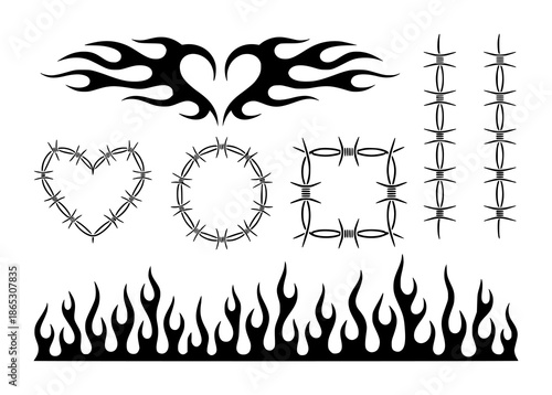 Black tribal flames and barbed wire shapes including heart circle and square fire