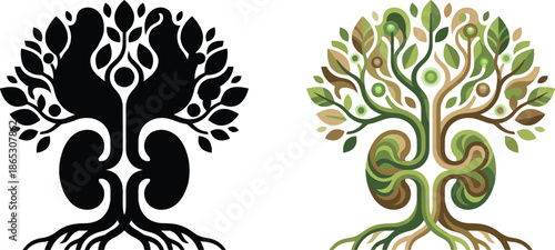 Creative kidney tree roots logo with green leaves and black silhouette design representing nephrology health medical care life growth nature organic transplant symbol for clinic branding.