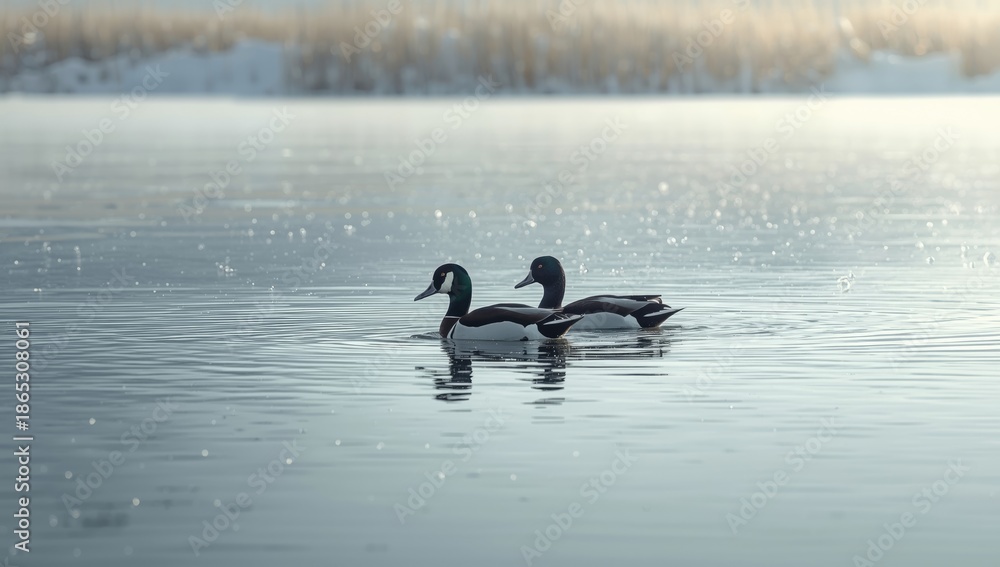 Fototapeta premium Pair of pintail ducks floating on a lake during winter, birdwatching scene, wildlife preservation, seasonal change, Earth Day