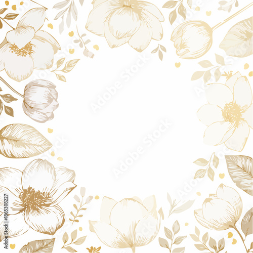 Elegant floral arrangement with gold accents surrounding a blank white space