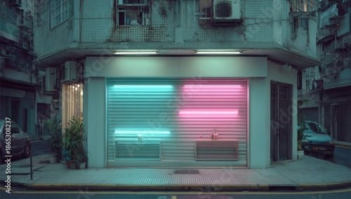 Corner shop with dual neon lights on a city street at night.
