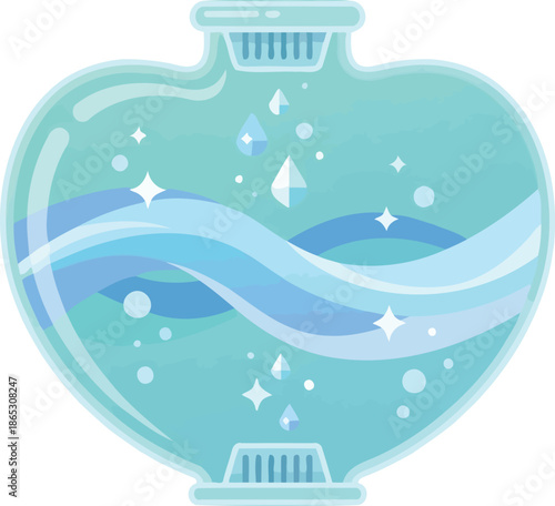 Magical blue potion bottle with ocean wave liquid and sparkling stars inside glass flask representing fantasy alchemy chemistry purity fresh water hydration cosmetic spa concept symbol.