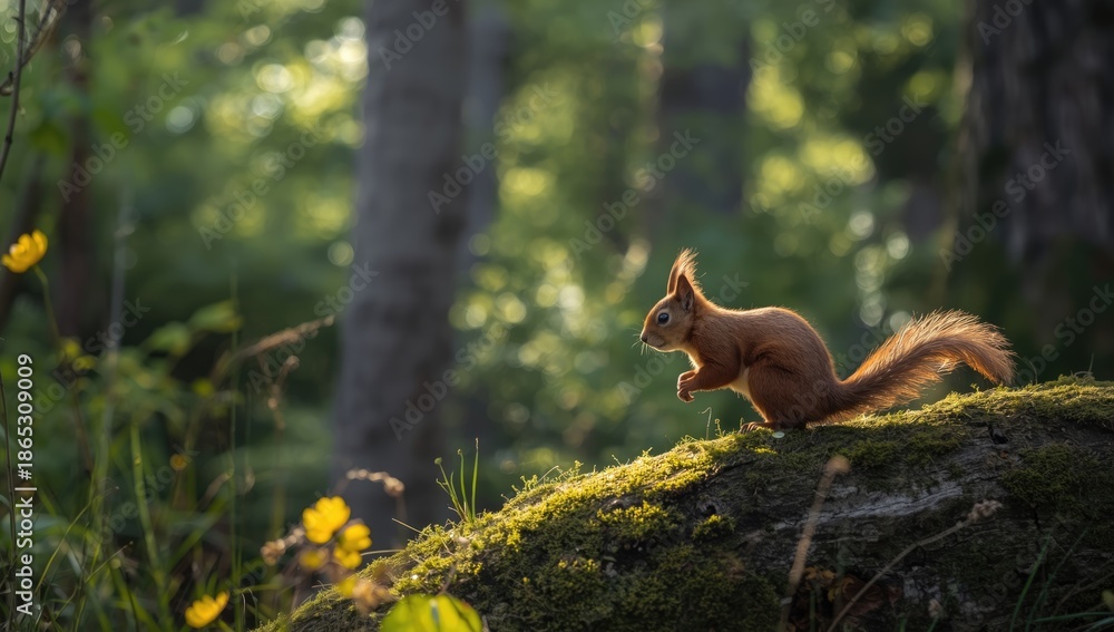 Fototapeta premium Red squirrel perched on wood, focused on environment, highlighting local fauna
