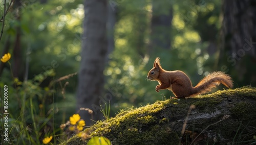 Red squirrel perched on wood, focused on environment, highlighting local fauna